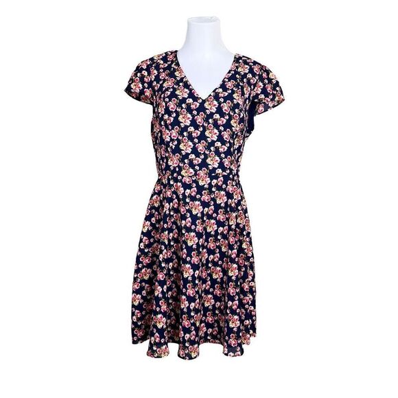 Betsey Johnson Navy Floral Cap Sleeve Swing Dress Modern Feminine sz 12 - Picture 1 of 15